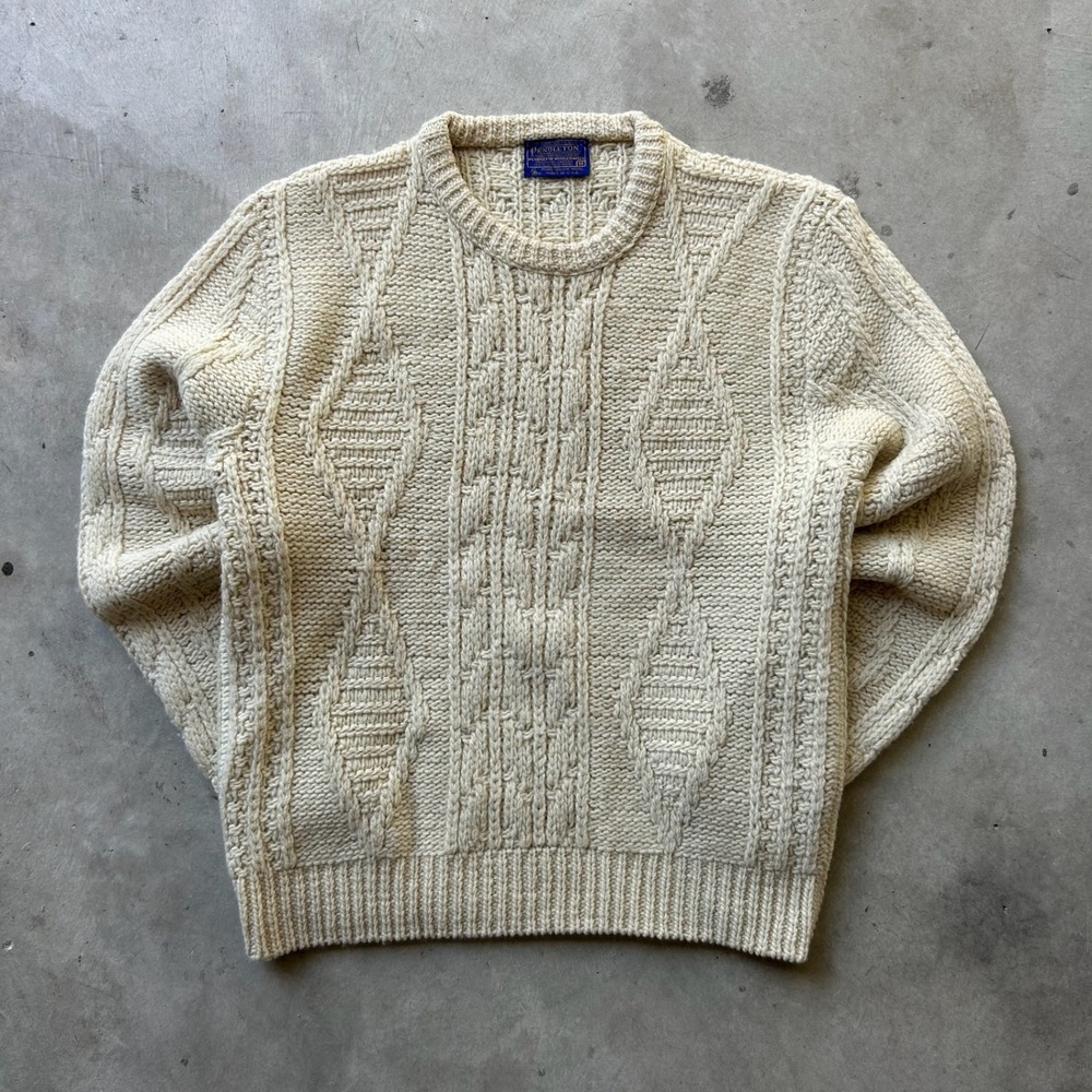 Pendleton Mens Cream Cable Knit Wool Sweater Crew Neck Made in USA Size M
